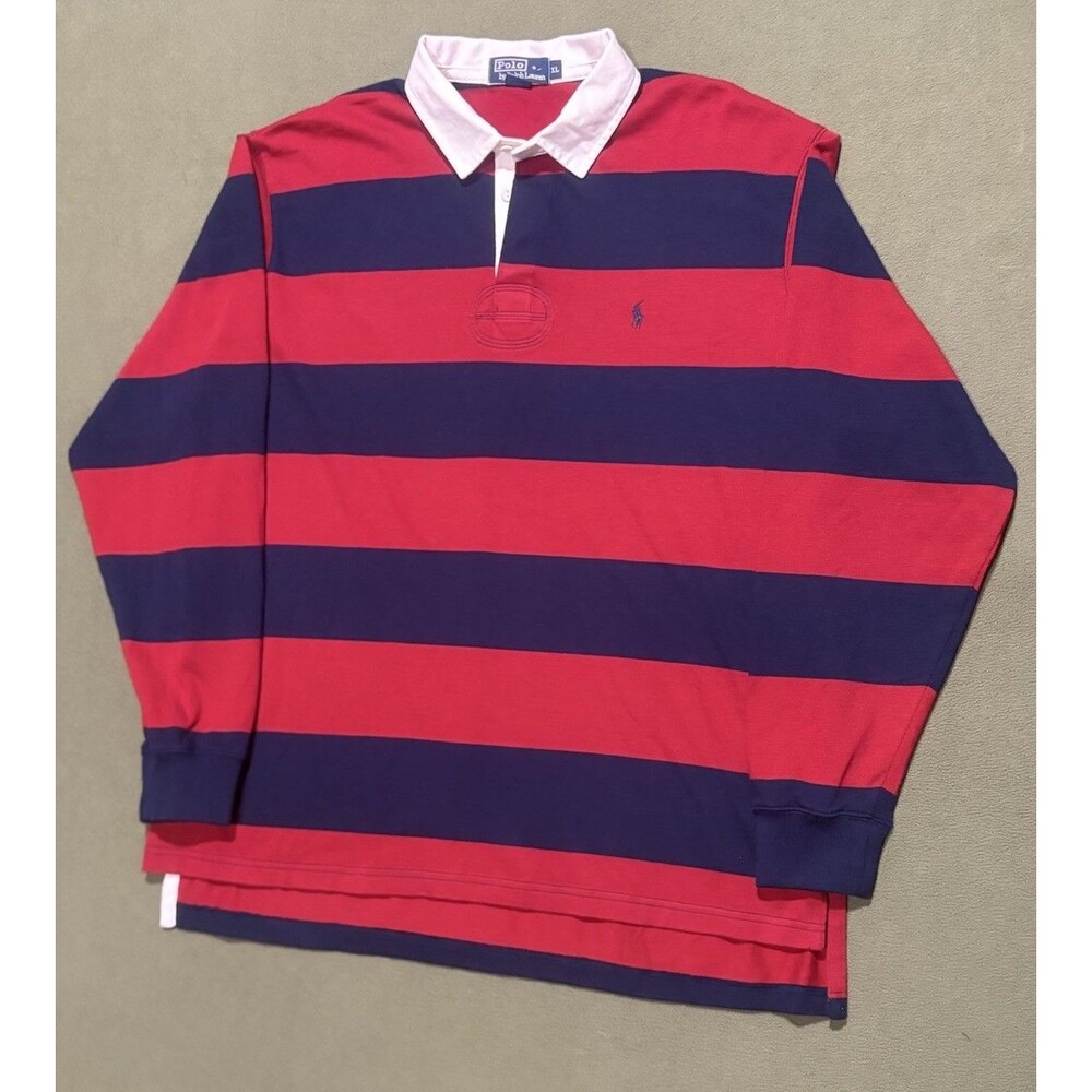 Vintage Polo Ralph Lauren Rugby Shirt Mens XL Red Navy Striped USA Gold Dot Tag